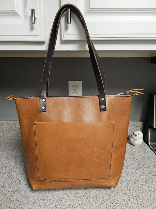 portland leather goods Handbags - Everyday Leather Tote in Warm Tan with Dark Brown Handles Medium.